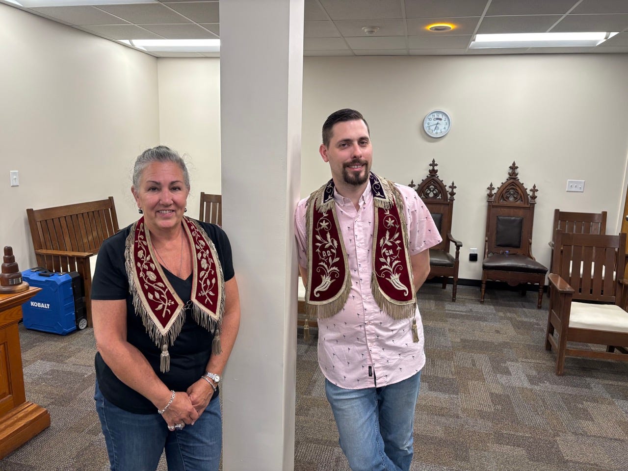Nick Curry and Beth Kcraget Robbins in the lodge room.